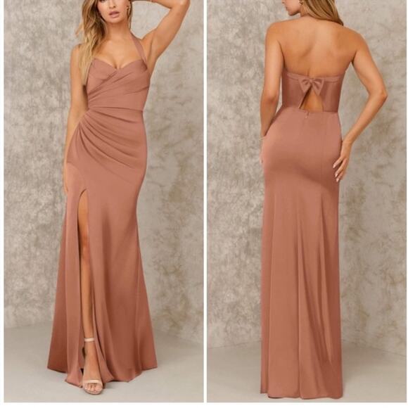 NWT Azazie Kendall X Kylie Formal Pink Satin Bow Maxi Bridesmaid Prom Dress 2 - Picture 1 of 7